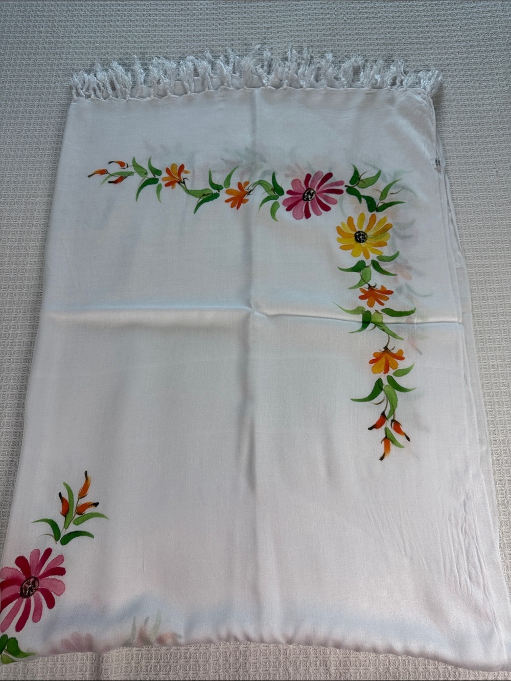 White rayon Spring tablecloth with painted floral print at corners and center